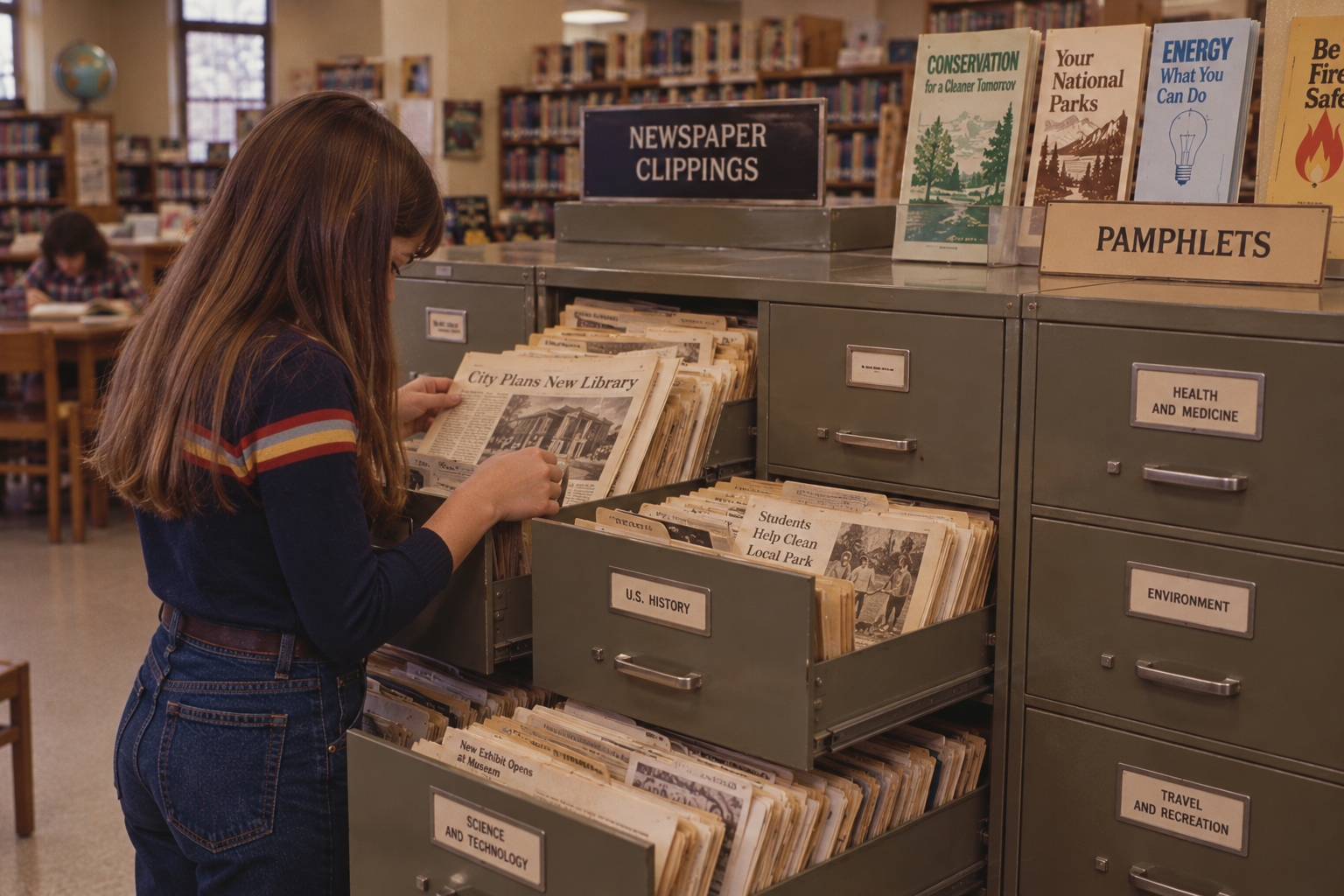 A girl in a striped sweater looks through folders in a library’s newspaper clippings filing cabinet, with pamphlet displays and other categorized drawers visible nearby.