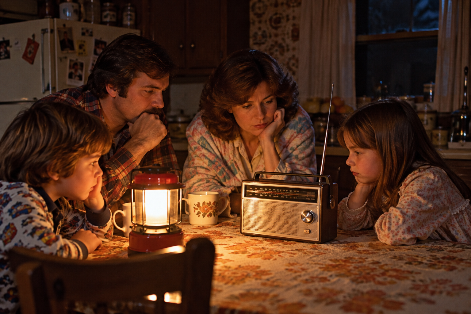 A family sits around a kitchen table at night, illuminated by a lantern, listening to a portable radio.