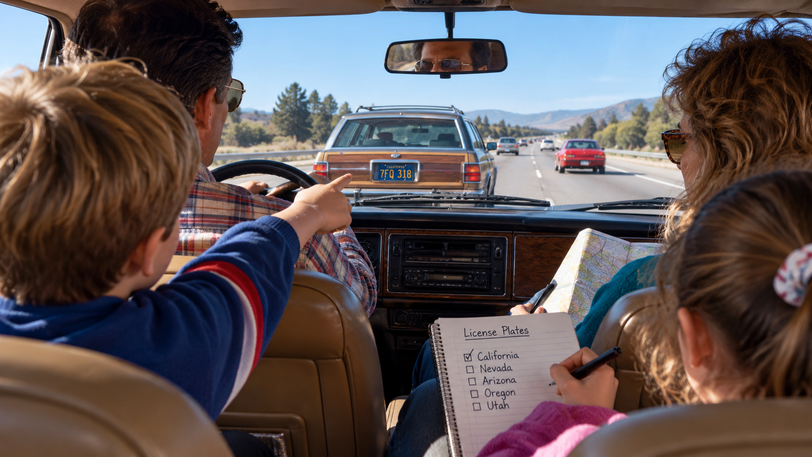 A family in a car on a road trip, with a child pointing at a station wagon ahead while another checks off “California” on a license plate game list.