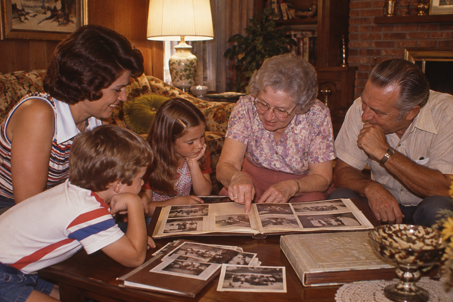 An older woman shows a photo album to a younger woman, a man, and two children gathered around a wooden table.