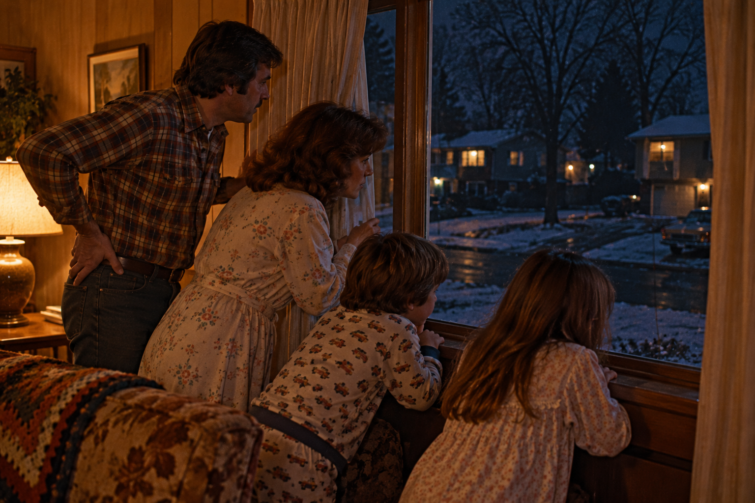 A family of four stands at a window during a power outage, looking out at a suburban street with light snow on the ground.