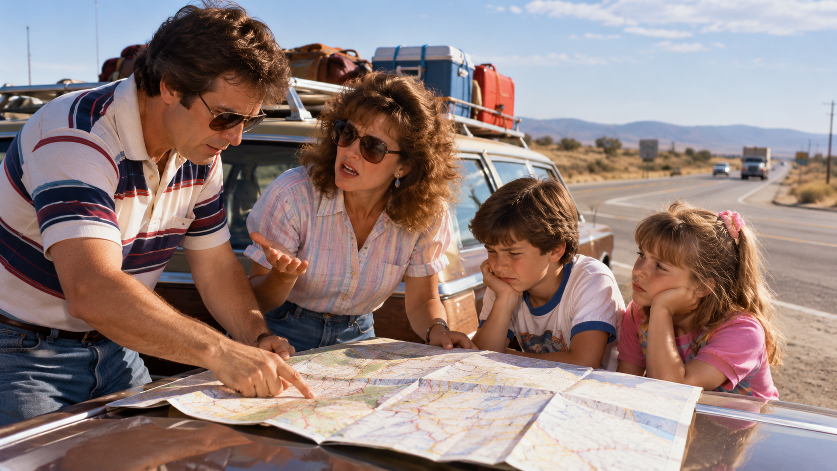 A family of four looks at a paper map on the hood of their station wagon parked on the side of a desert highway.