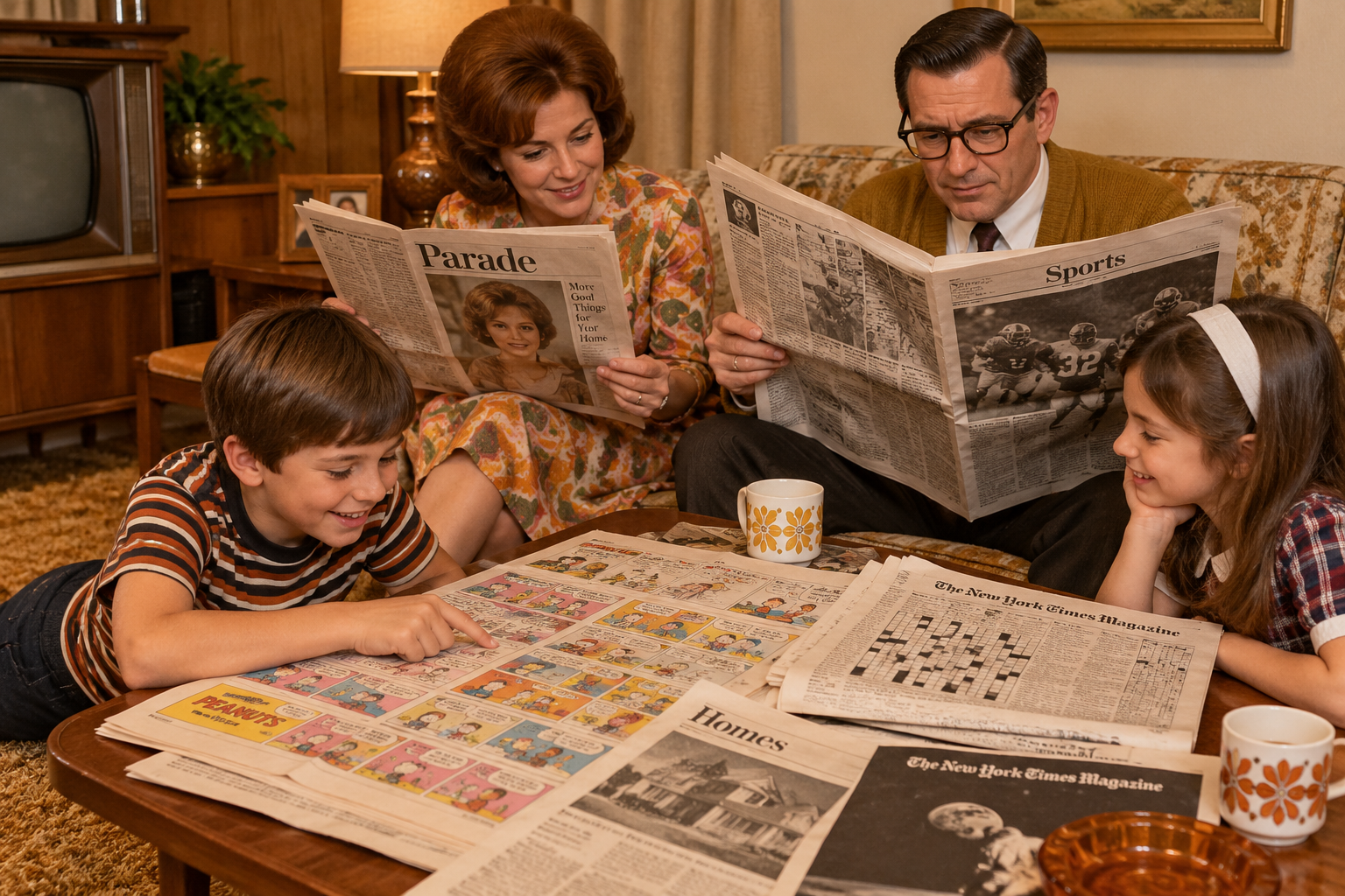 A 1960s family sits in a living room, with parents reading newspapers and two children looking at the Sunday comics on a coffee table.