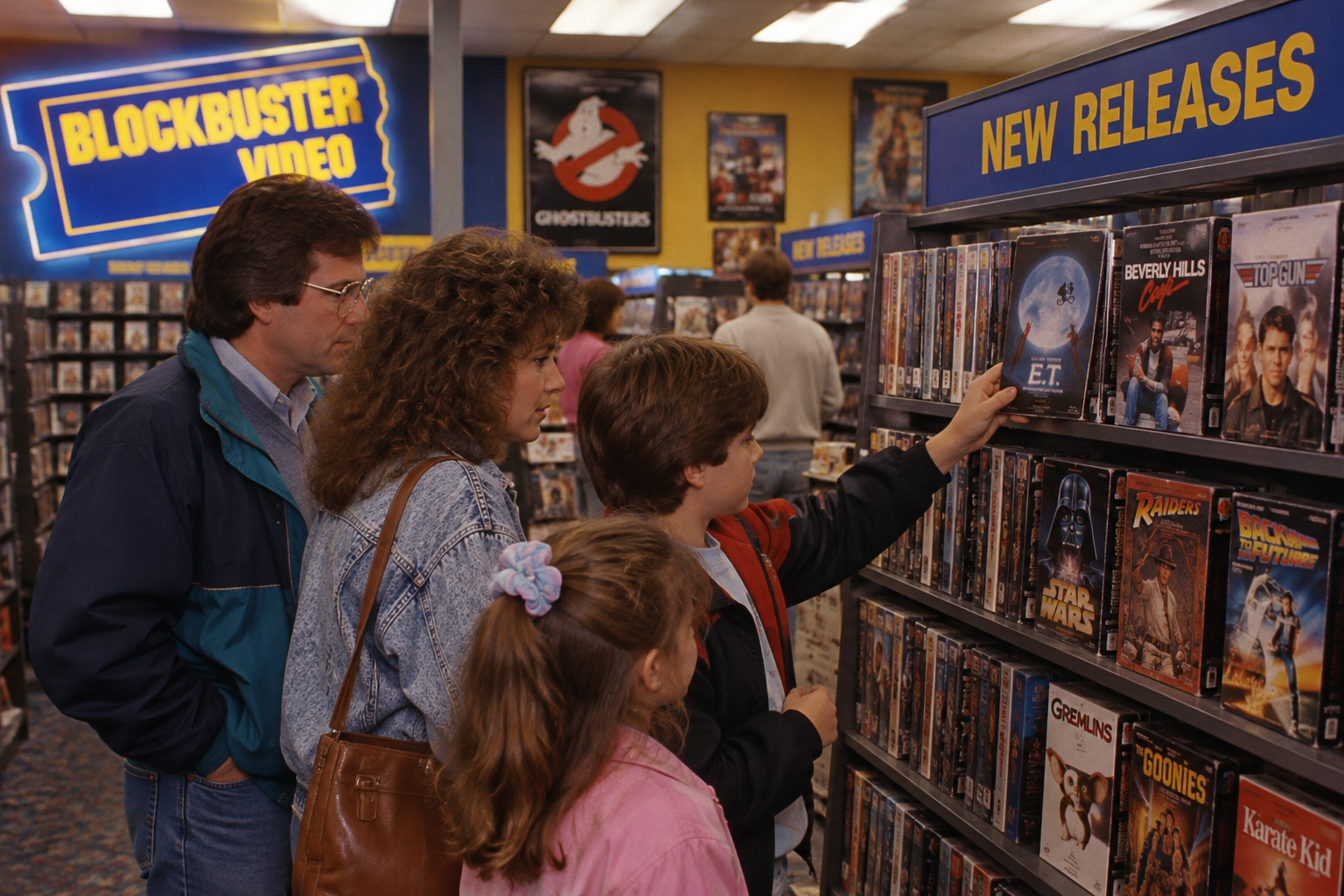 A family shops for movies at a Blockbuster Video store, with a young boy reaching to pick an E.T. the Extra-Terrestrial VHS tape off a shelf of new releases.