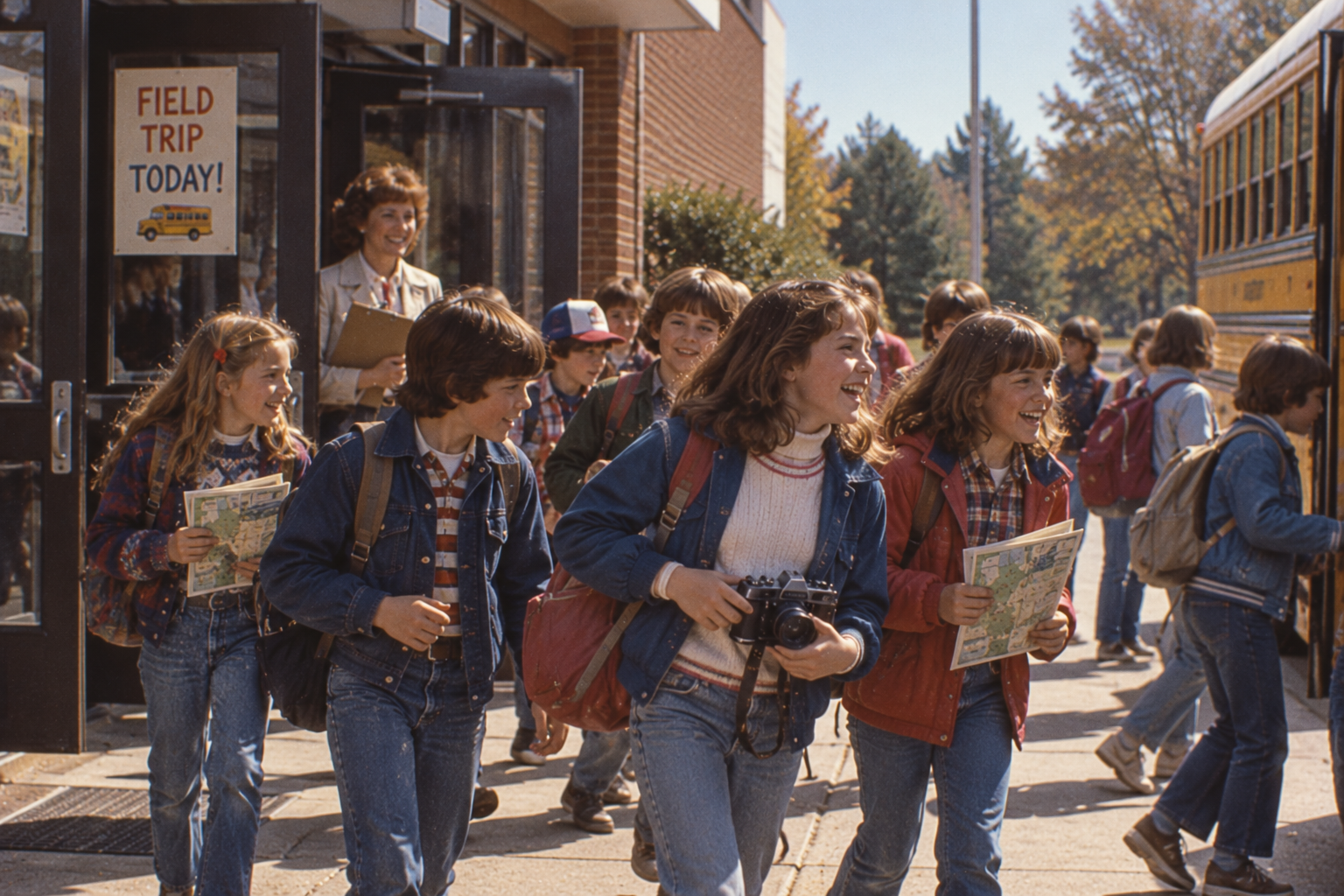 A group of elementary school children in denim jackets and backpacks walk excitedly toward a school bus, while a teacher holds a clipboard near a door with a sign that reads “Field Trip Today!”