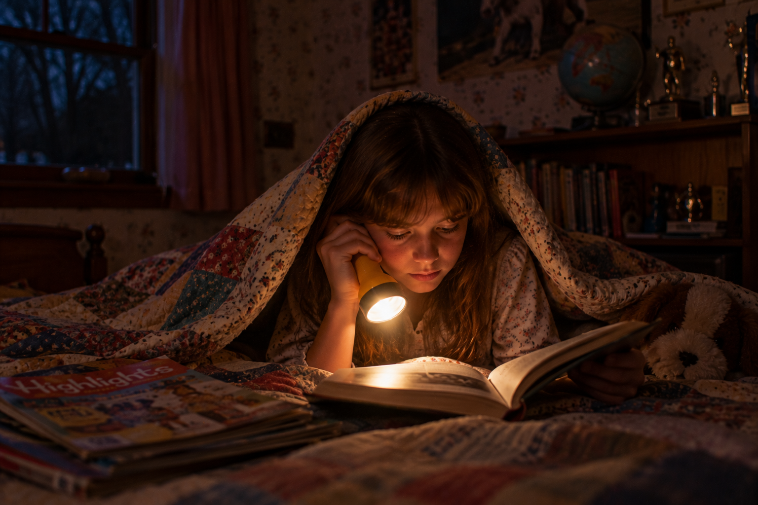 A young girl sits under a quilt in bed, reading a book by the light of a handheld flashlight—one of the simple family activities during power outages.