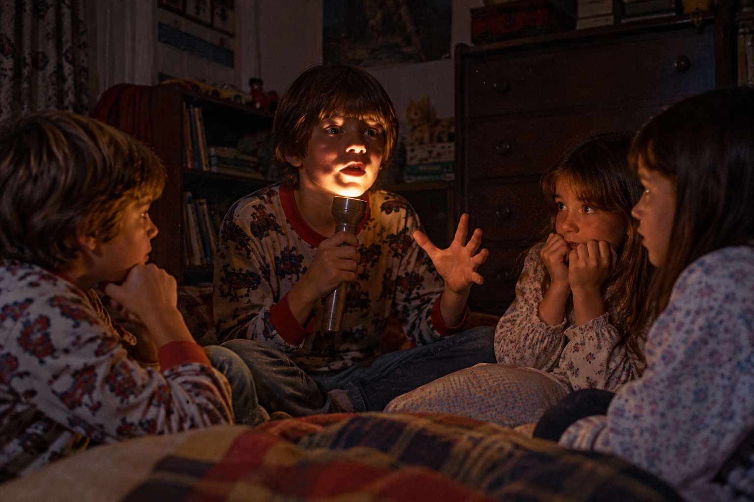 Four children sit in a circle in a dark room, one holding a flashlight up to their face to tell a story during a power outage.