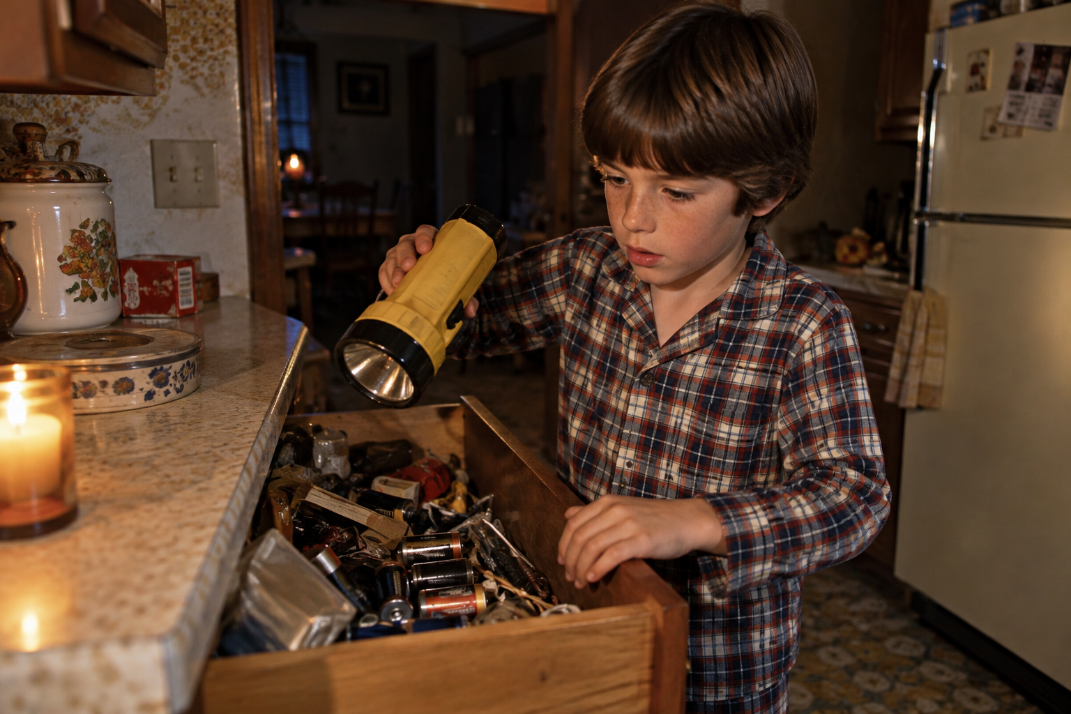 A young boy in a plaid pajama shirt searches through a kitchen drawer with a yellow flashlight.