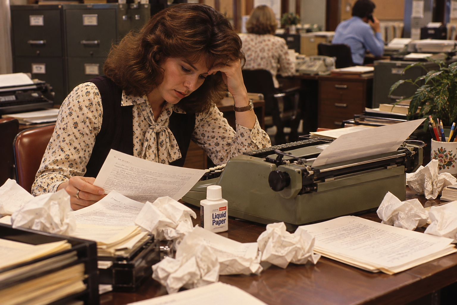 A woman sitting at a desk with a typewriter, holding a paper and resting her head on her hand, surrounded by piles of documents and crumpled paper balls.