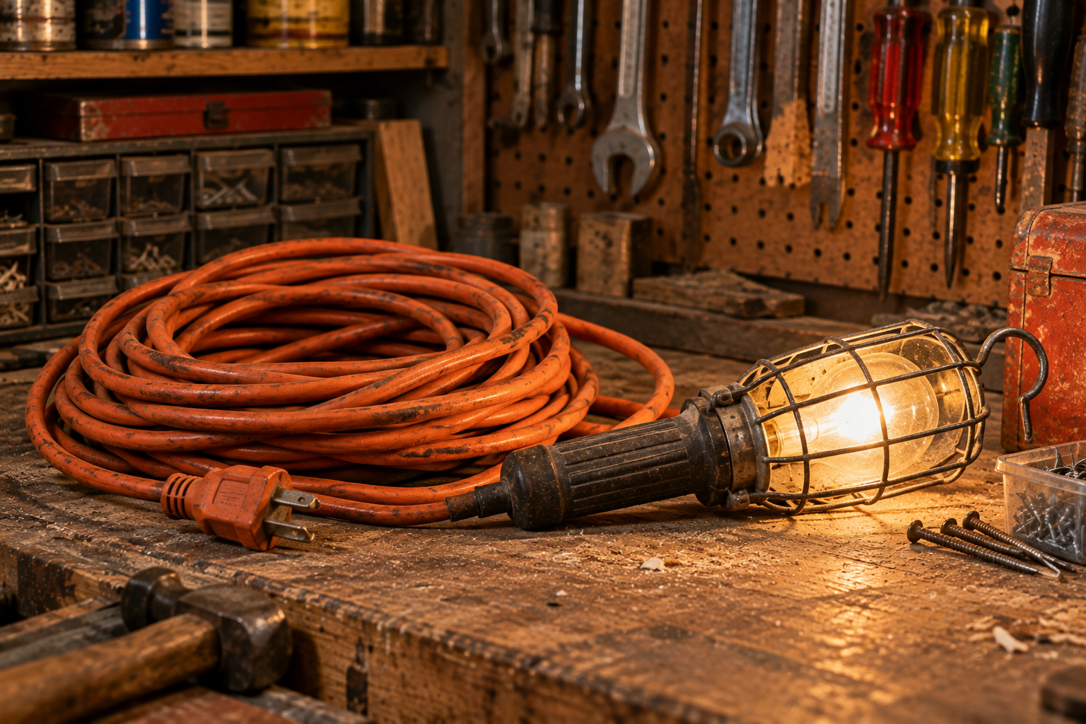 An illuminated cage work light and a coiled orange extension cord sitting on a wooden workbench in a workshop.