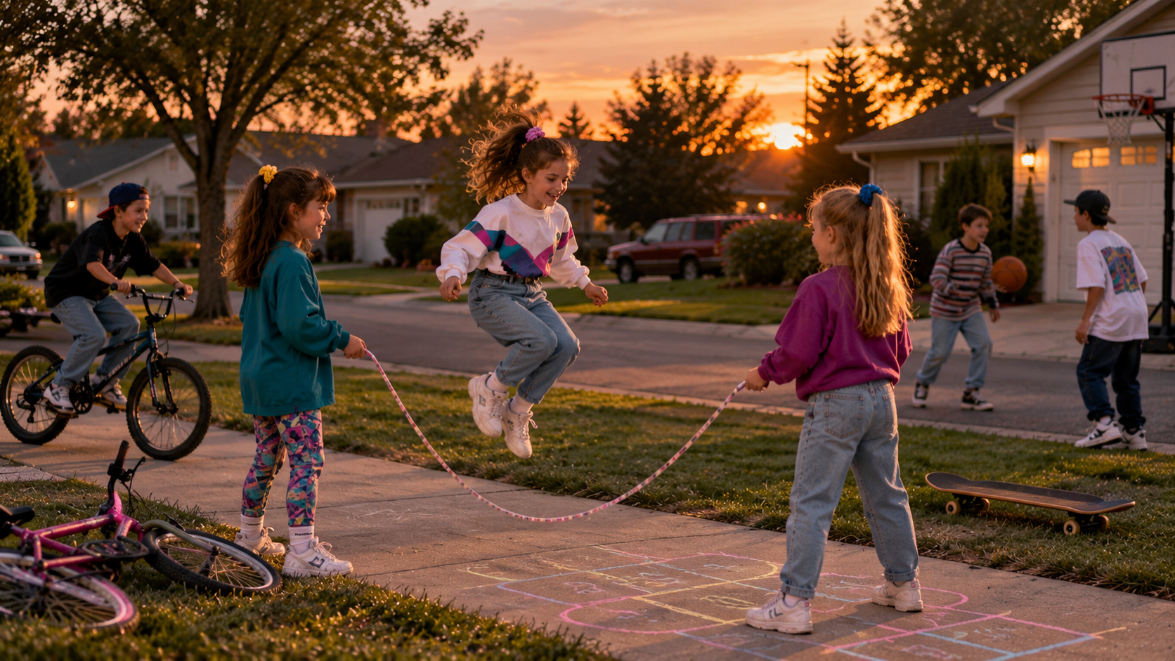 A group of children play on a suburban street at sunset, with one girl jumping rope while others ride bicycles, showing what childhood was like in the 1990s.