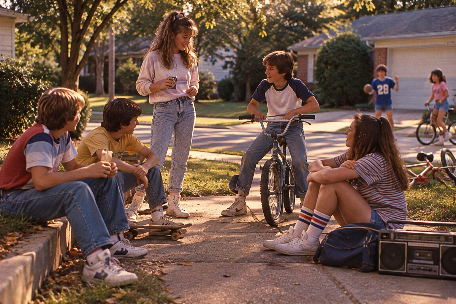 A group of teenagers gather on a suburban sidewalk, with some sitting on the curb and one boy on a bicycle near a boombox.