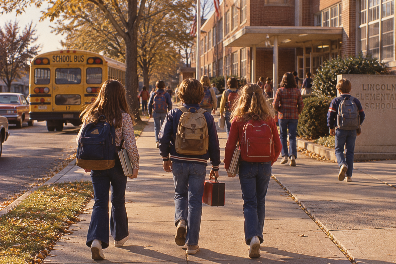 Children with backpacks walk along a sidewalk toward Lincoln Elementary School, with a yellow school bus parked in the background.