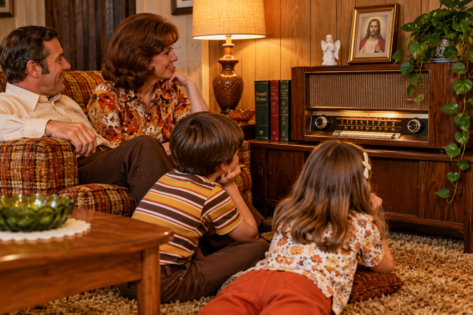 A family sits together in a living room, with parents on a couch and two children on the floor, listening to a vintage wooden radio.
