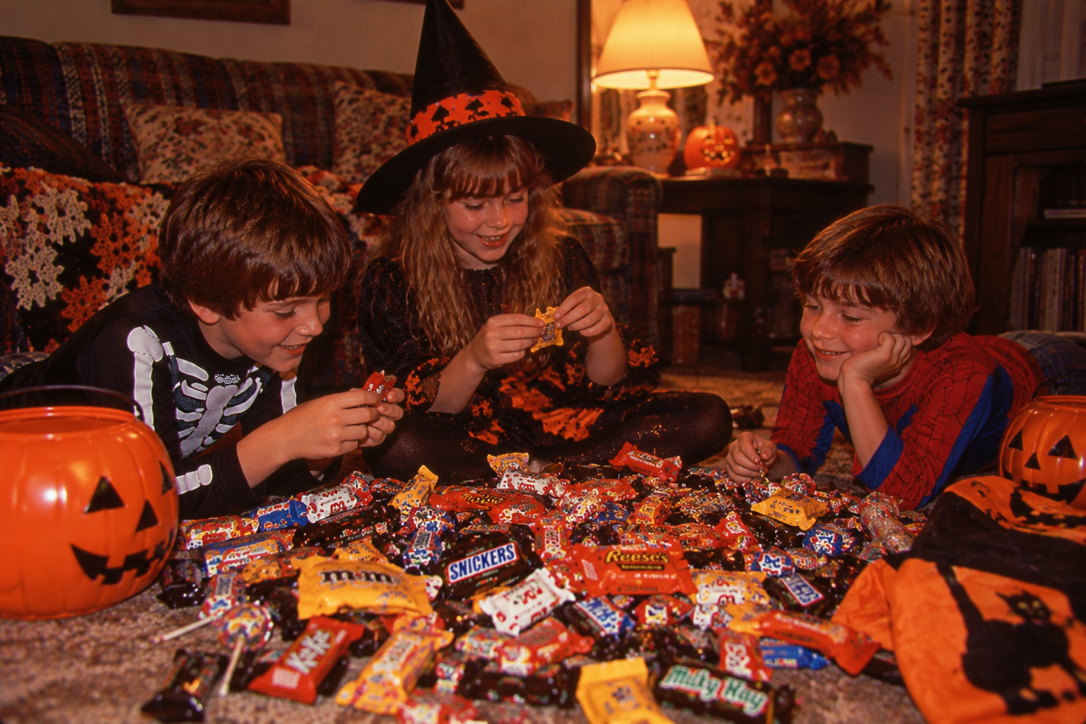 Three children in Halloween costumes sit on the floor sorting through a large pile of candy.