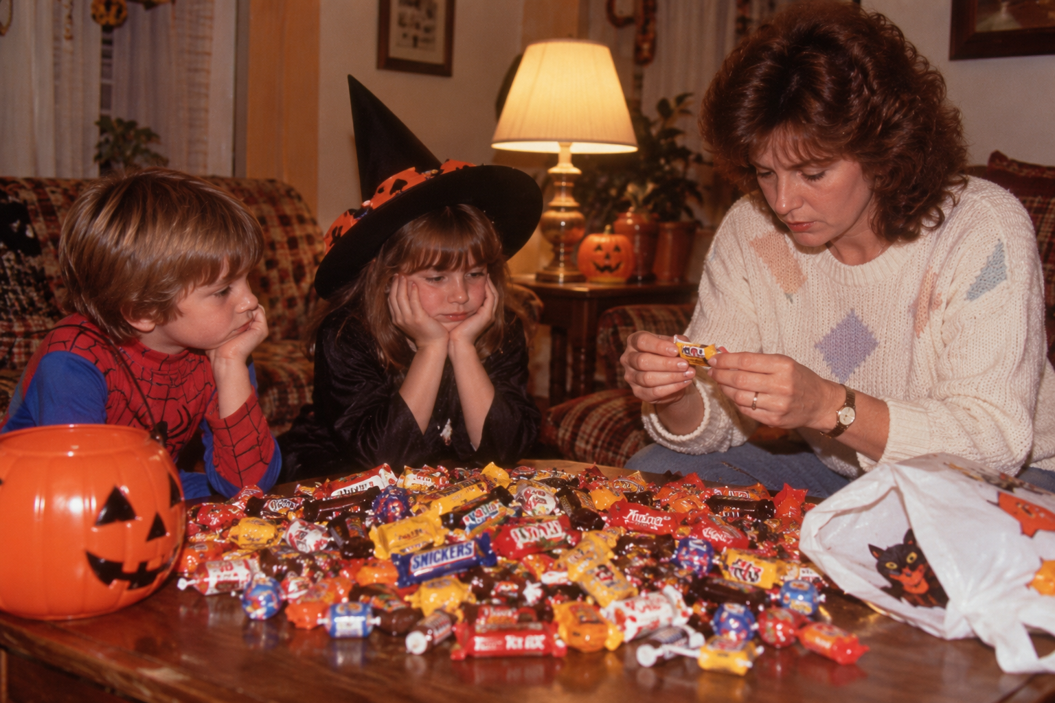 A woman and two children in Halloween costumes sit at a table covered in a large pile of assorted candy.