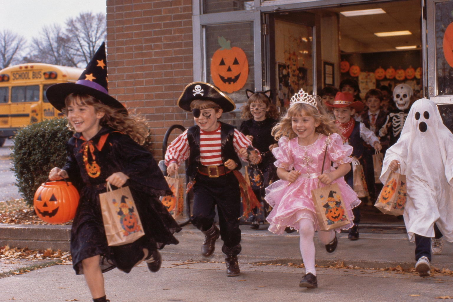 Children in Halloween costumes, including a witch, pirate, princess, and ghost, running together from a building with treat bags.