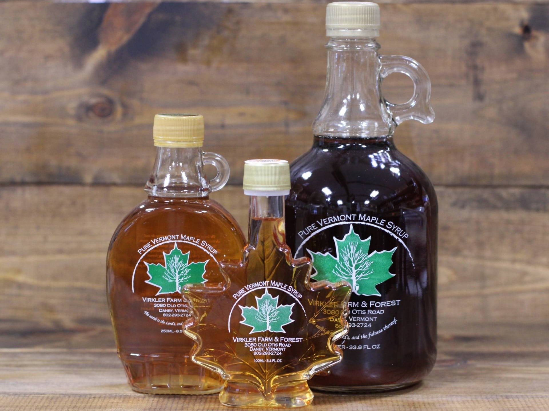 Three bottles of Virkler Farm & Forest pure Vermont maple syrup is best souvenir in various sizes, including a maple-leaf-shaped bottle, make for the best souvenir.