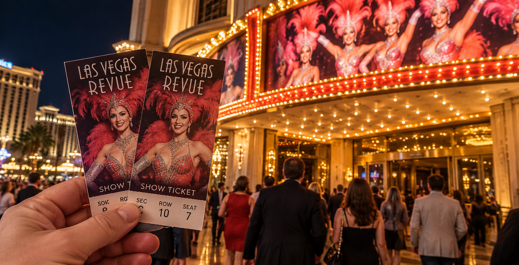 A hand holds two Las Vegas Revue show tickets outside a theater, with people entering under bright marquee lights and showgirls pictured on the large sign above the entrance.