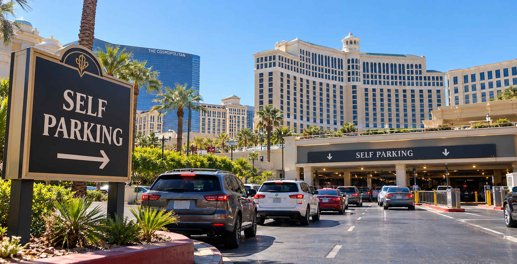Cars line up at the self-parking entrance of the Bellagio Hotel in Las Vegas on a sunny day. A large sign reading “Self Parking” with an arrow stands in the foreground.