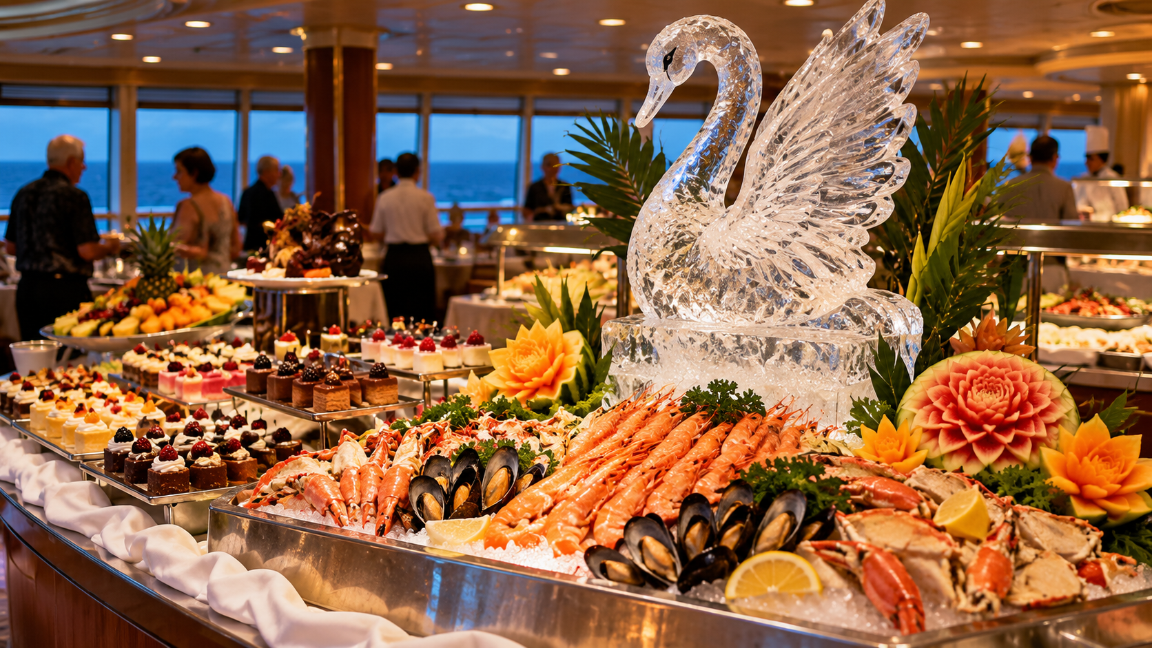 A lavish seafood buffet with shrimp, crab, and mussels is displayed around an ornate swan ice sculpture—a reminder of the things cruise lines used to offer—surrounded by carved fruit and desserts in an elegant, ocean-view room.