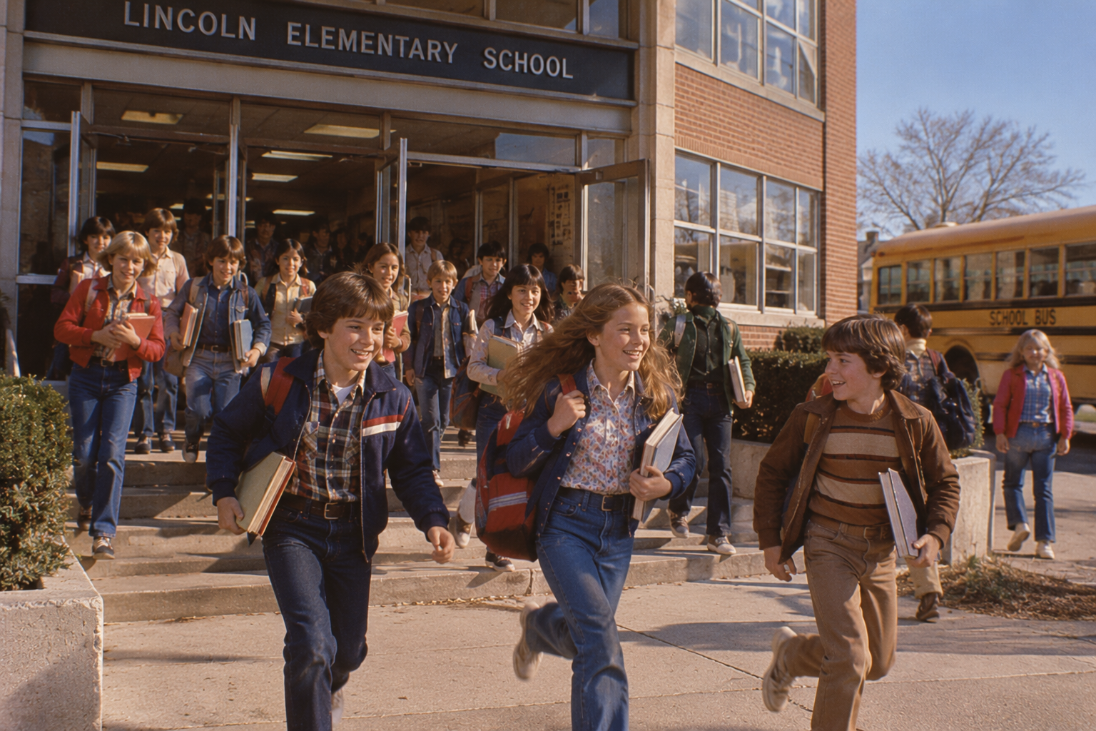 A large group of elementary school students exits Lincoln Elementary School, with three children in the foreground running toward the camera.