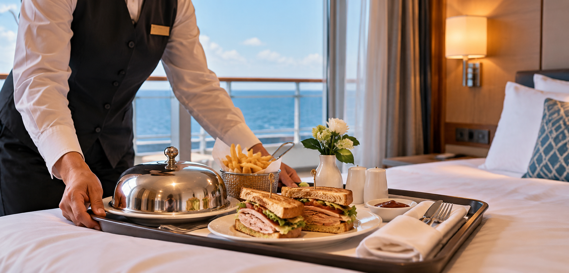 A room service attendant places a tray with club sandwiches, fries, condiments, and a covered dish—reminiscent of things cruise lines used to offer—on a hotel bed in a modern room with an ocean view and flower vase.
