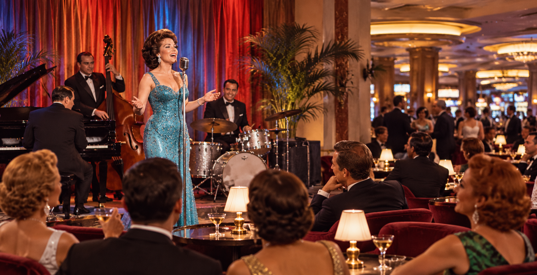 A woman in a sparkling blue dress sings onstage with a jazz band in a glamorous, crowded nightclub. The audience sits at candlelit tables, watching her perform.