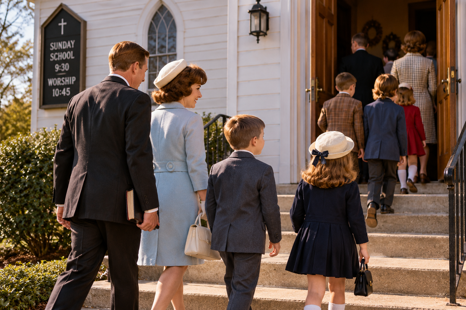 A family in mid-century formal attire walks up the steps to enter a white church.