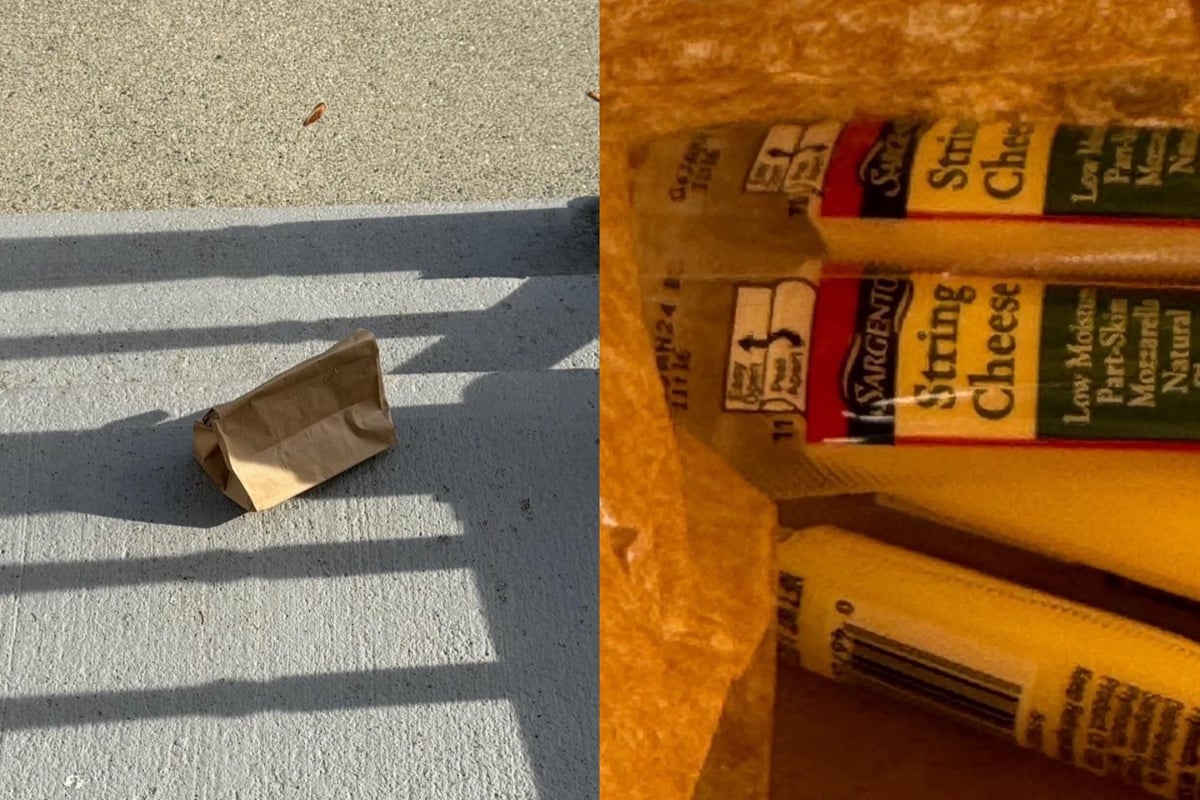 A small brown paper bag sits on a concrete sidewalk, with a close-up view showing Sargento string cheese inside.