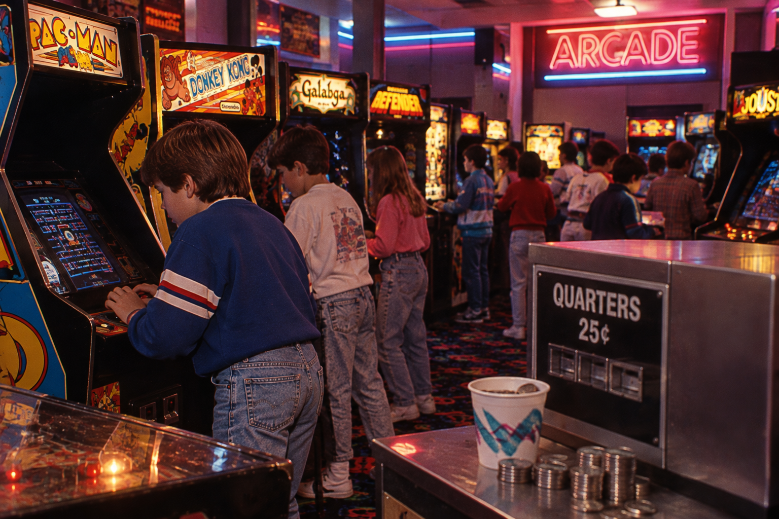 Children playing at classic arcade games in a dimly lit gaming hall with a neon “ARCADE” sign in the background.