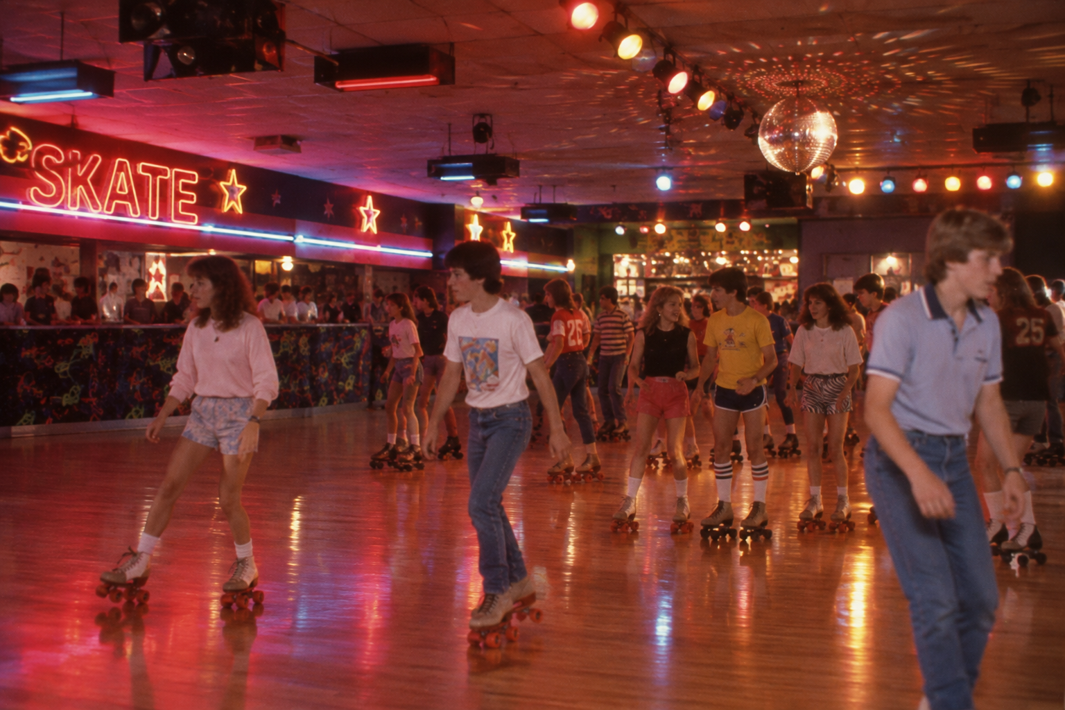 A group of young people rollerskating on a wooden rink under a disco ball and neon “SKATE” sign.