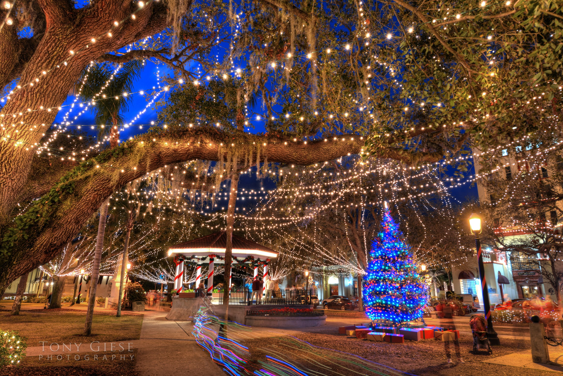 A public park at night decorated with string lights hanging from large oak trees, a central gazebo, and a glowing Christmas tree surrounded by gift boxes.