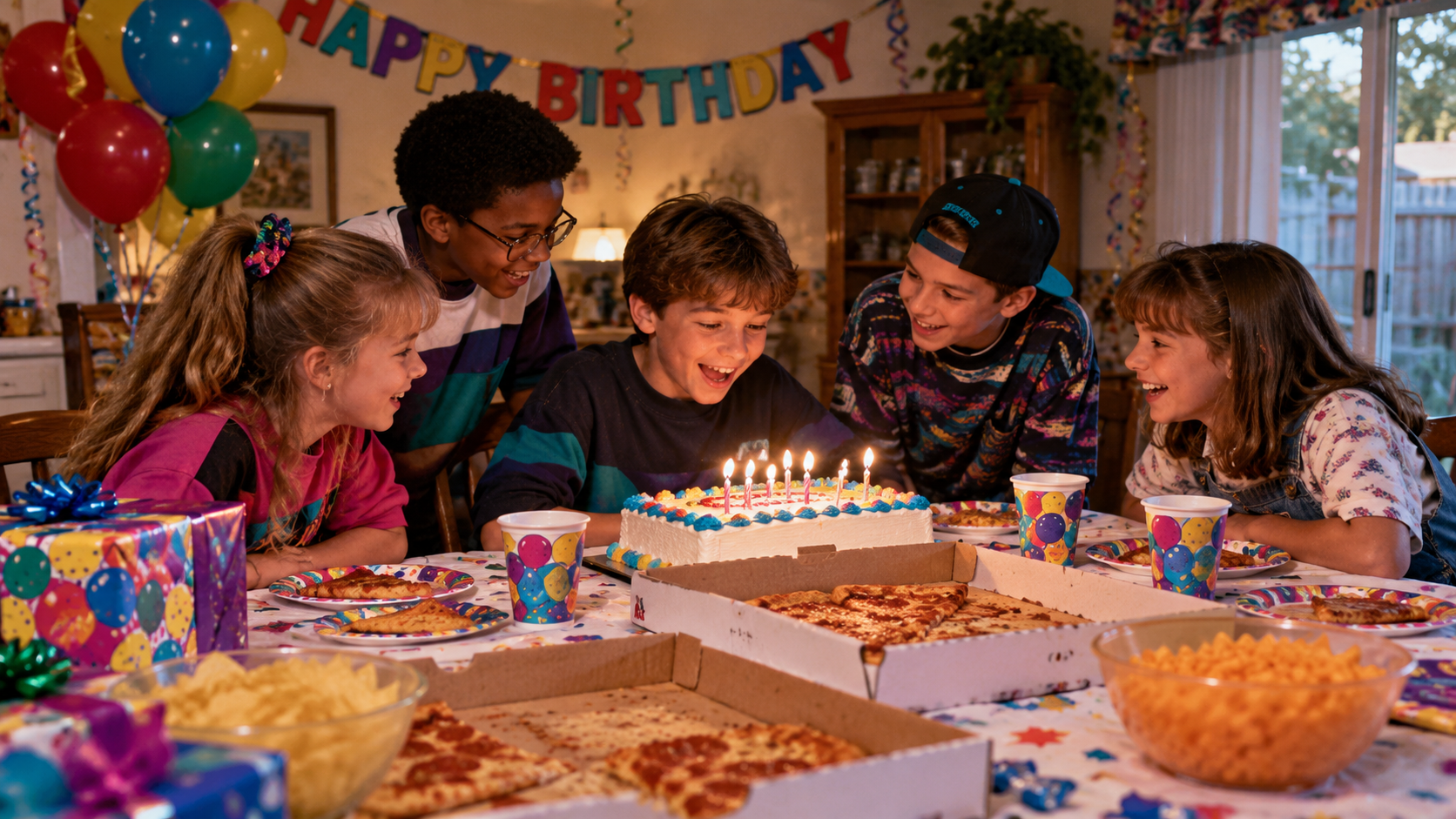 Five children gathered around a birthday cake with lit candles at a table covered in pizza and snacks.