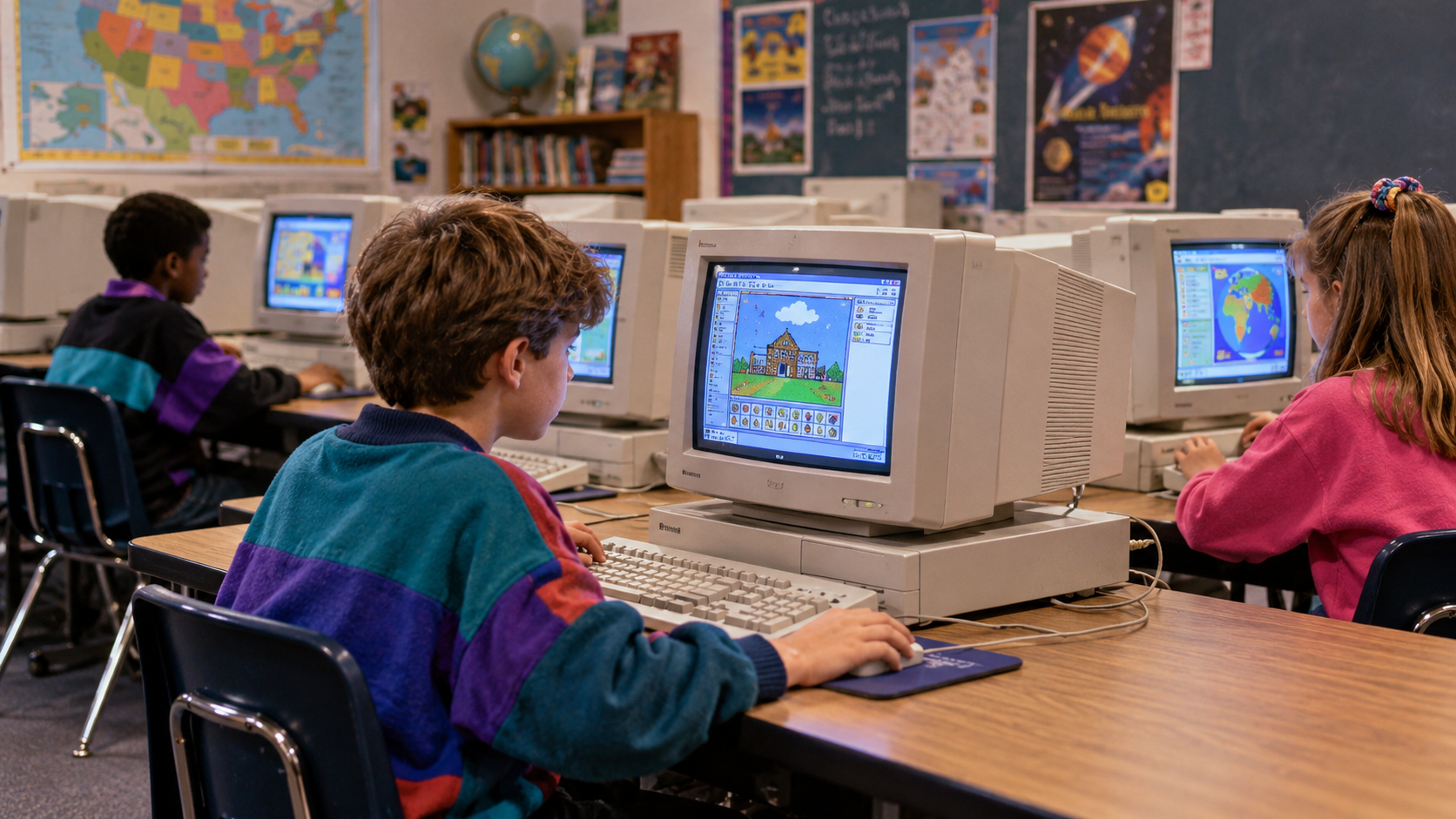 Students sitting at desks in a computer lab, using vintage desktop computers to play educational games.
