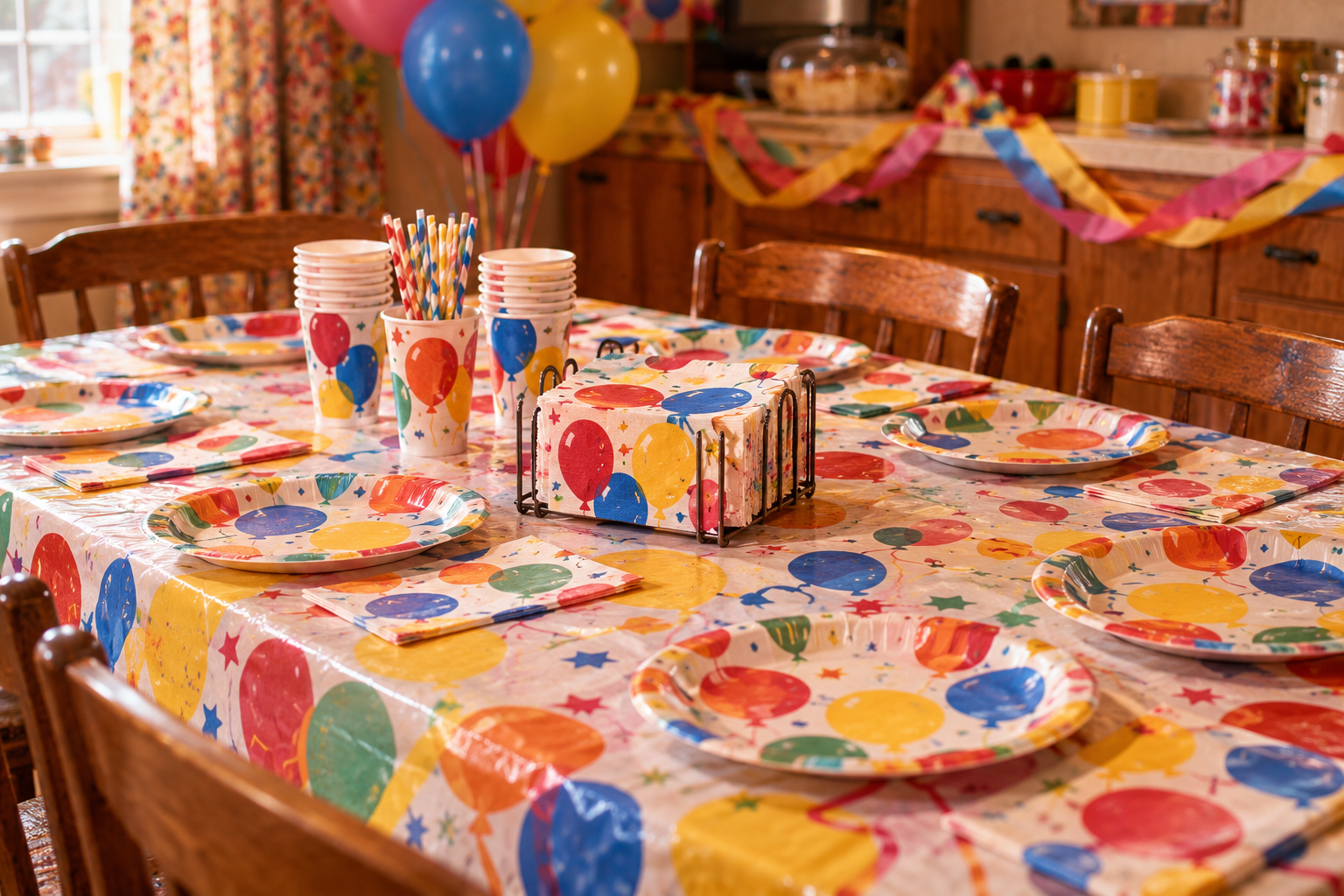 A 1970s birthday party dining table set with a balloon-patterned tablecloth, matching paper plates, cups, and napkins, and colorful balloons in the background.