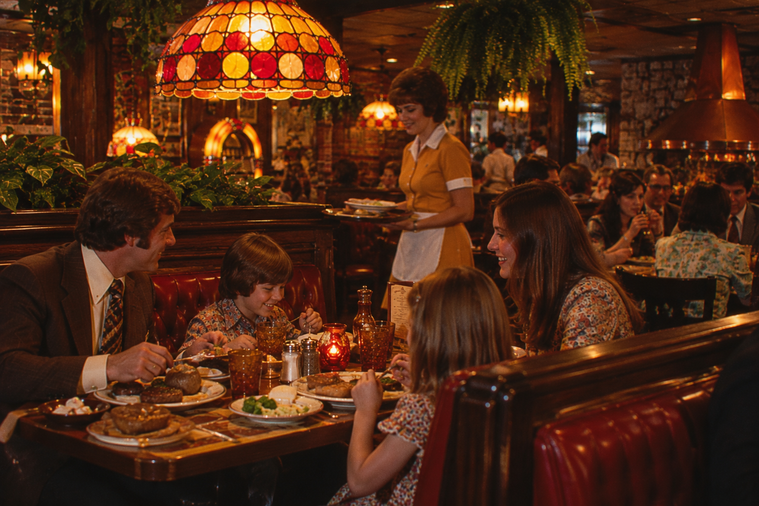 A family sits in a vintage restaurant booth enjoying dinner, while a waitress in a yellow uniform serves food. The restaurant is warmly lit with stained glass lamps and filled with other diners. 1970s restaurants.