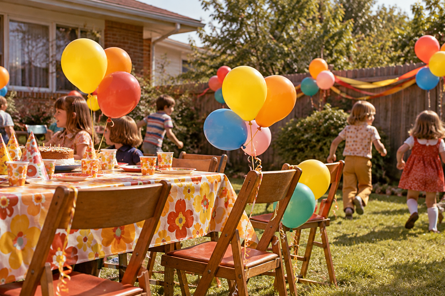 Children play at a 1970s birthday party with a floral tablecloth, a birthday cake, and colorful balloons tied to chairs.