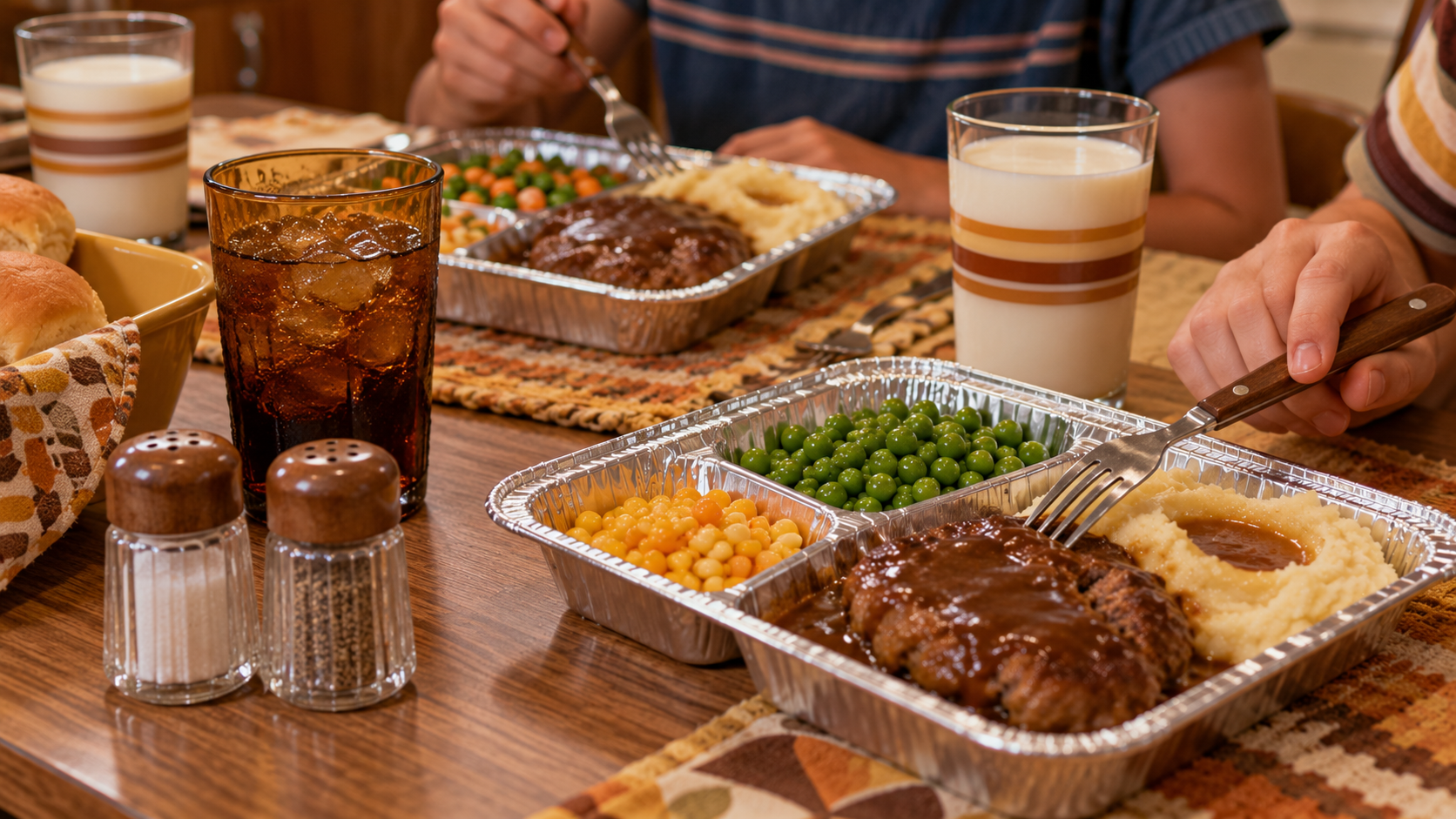 Two people eat TV dinners consisting of Salisbury steak, mashed potatoes, peas, and corn from aluminum trays at a wooden table.