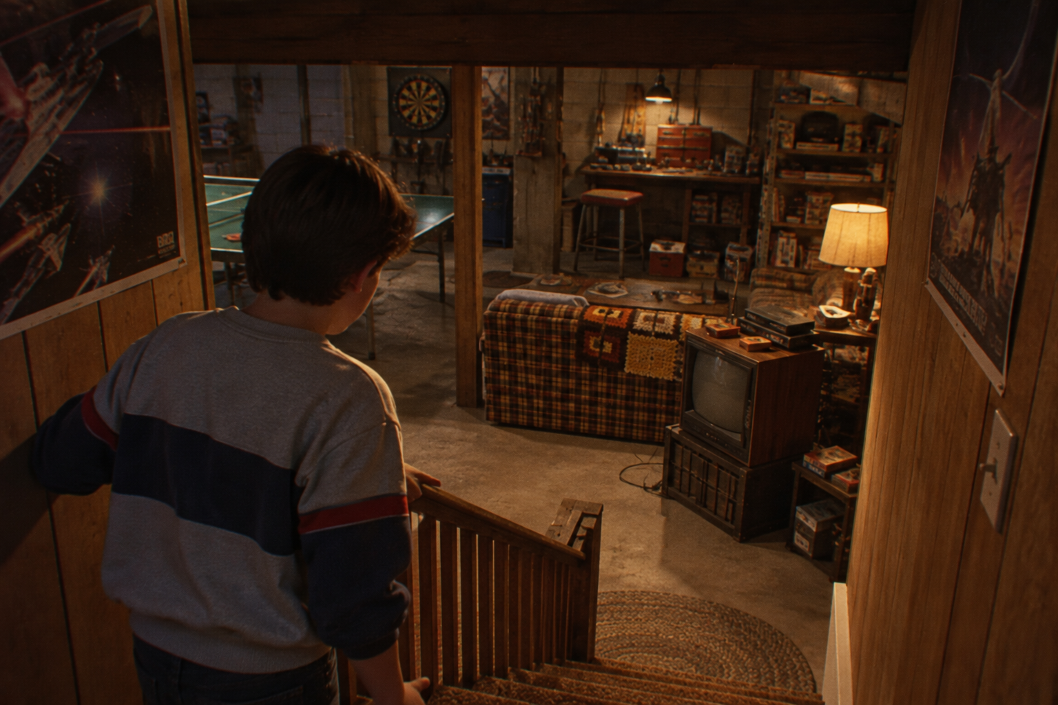 A boy descends basement stairs toward a cozy, retro room with a plaid sofa, old TV, board games, lamp, ping pong table, and posters on wood-paneled walls.