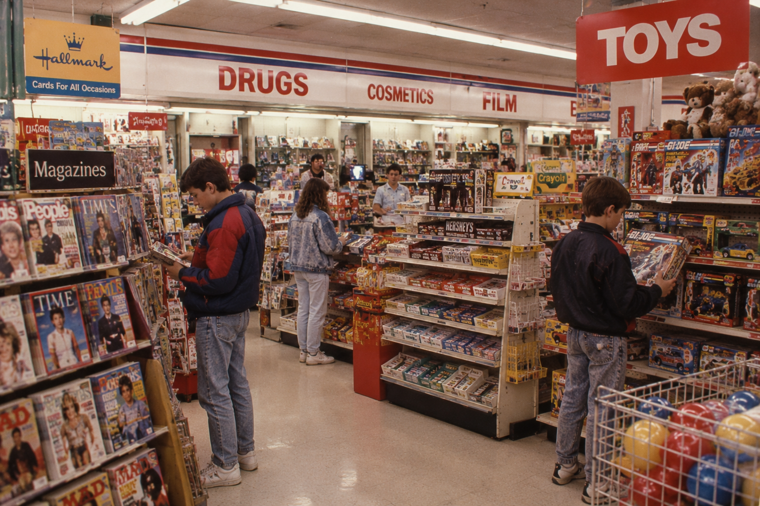 Shoppers browse the magazine, candy, and toy aisles of a brightly lit retail store.