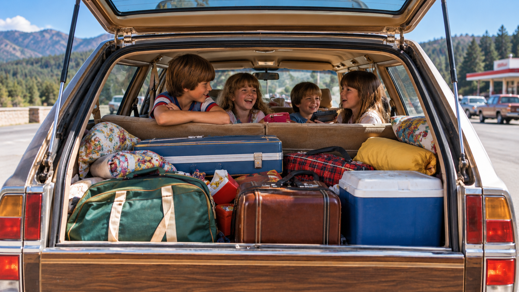 Four children sitting in the back of a station wagon packed with suitcases, a cooler, and bedding.