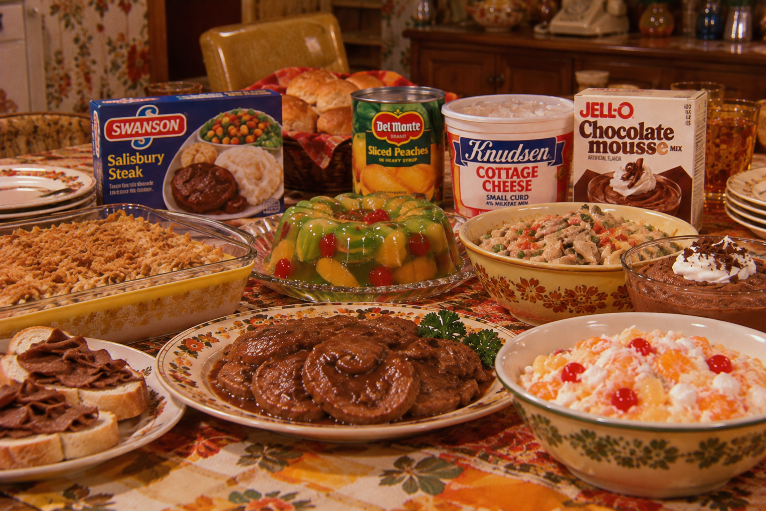 A table set with vintage 1970s foods, including Salisbury steak, sliced peaches, cottage cheese, chocolate mousse, molded gelatin, casseroles, and various desserts on a floral tablecloth.