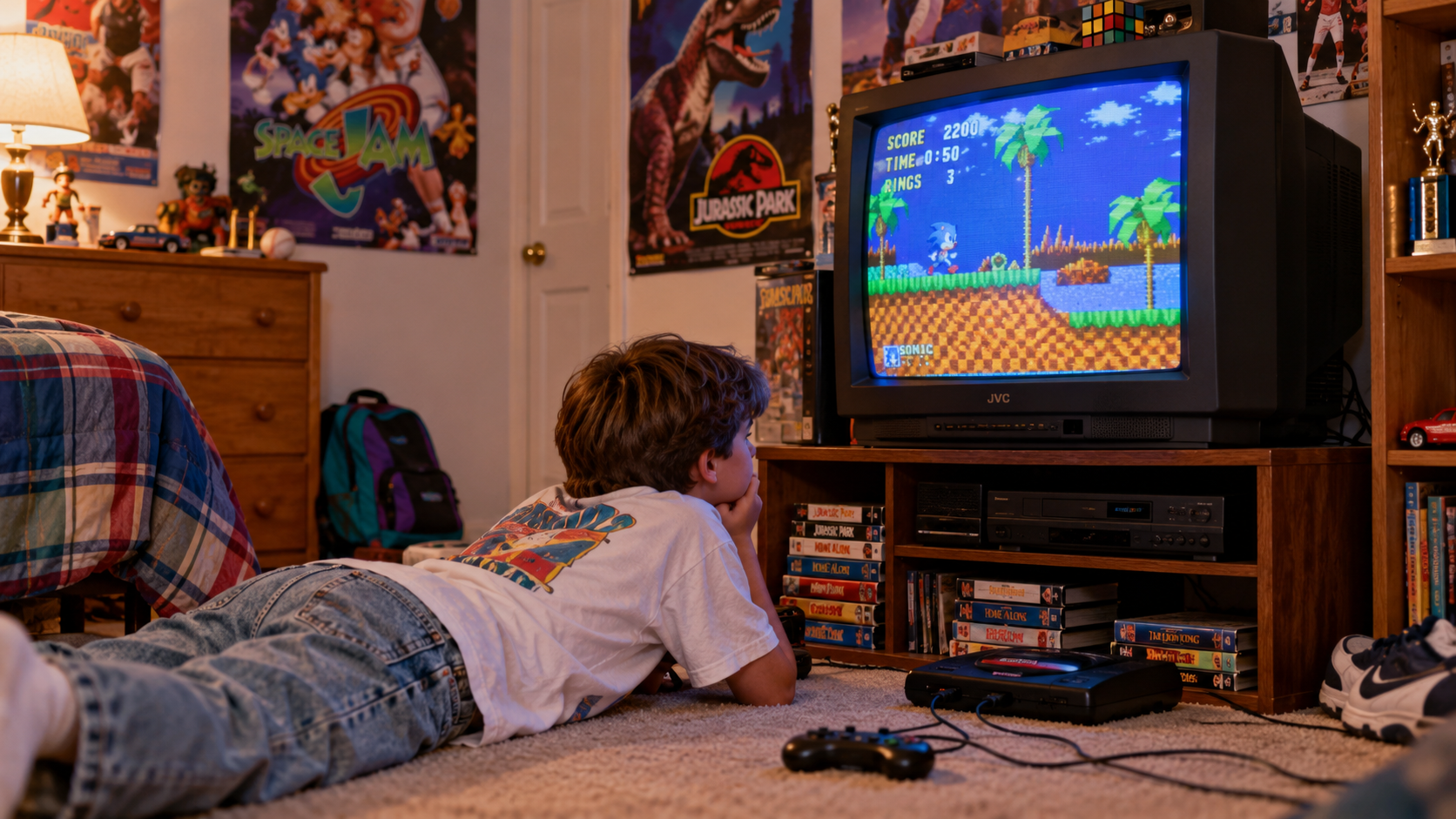 A young person lies on the floor playing a Sonic the Hedgehog game on a retro CRT television.