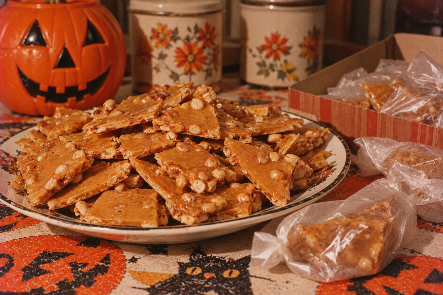 A large platter of peanut brittle pieces on a Halloween-themed tablecloth next to a jack-o’-lantern and a box of individually wrapped candy.