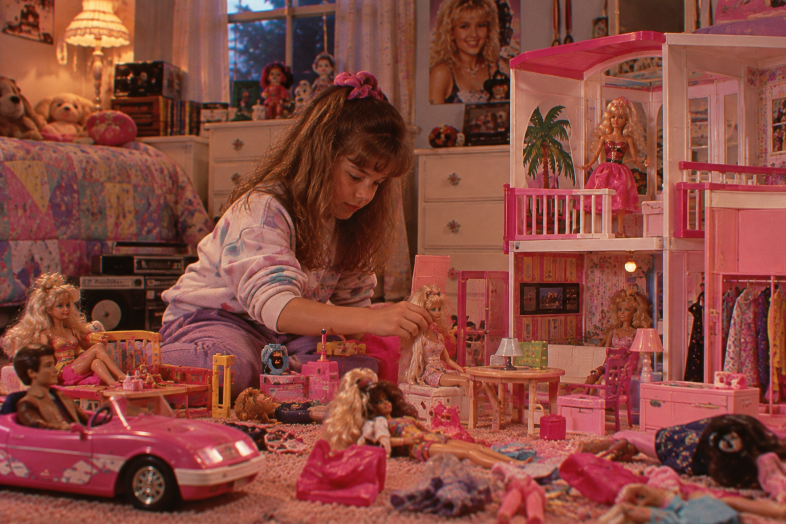 A young girl plays with Barbie dolls and a pink dollhouse in a colorful bedroom filled with toys, a pink convertible car, plush animals, and 1980s decor.