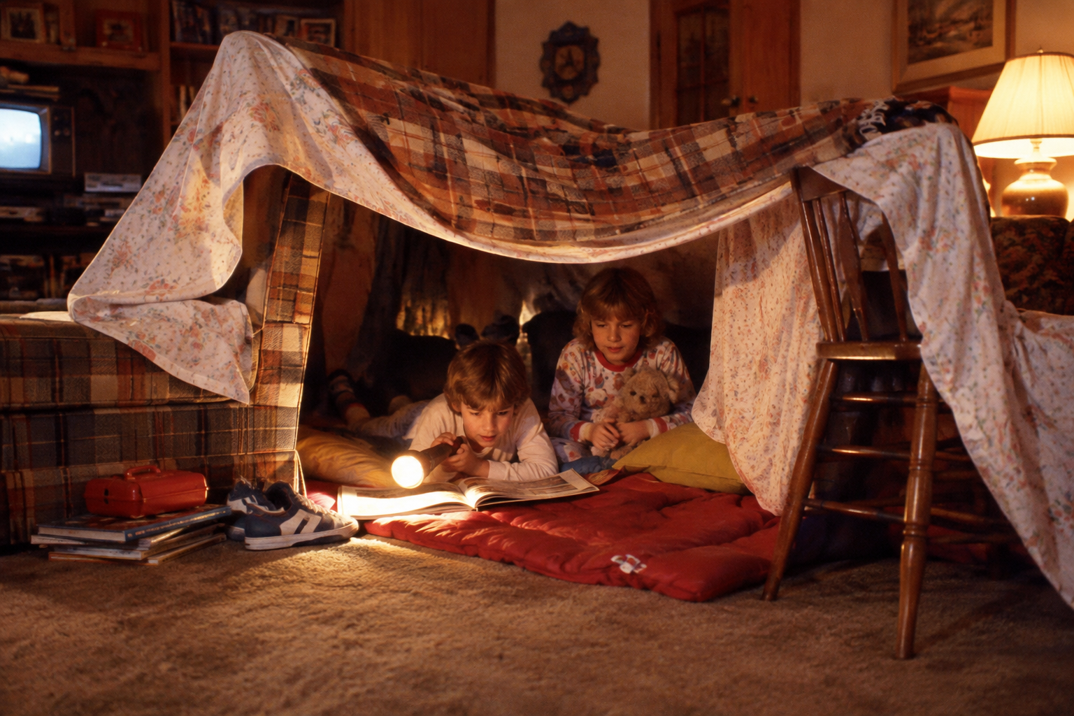 Two children lie under a blanket fort in a cozy living room, reading by flashlight. Pillows, chairs, and blankets form the fort. A lamp glows nearby, and books and shoes are on the carpet. Rainy day activities in the ’80s. 