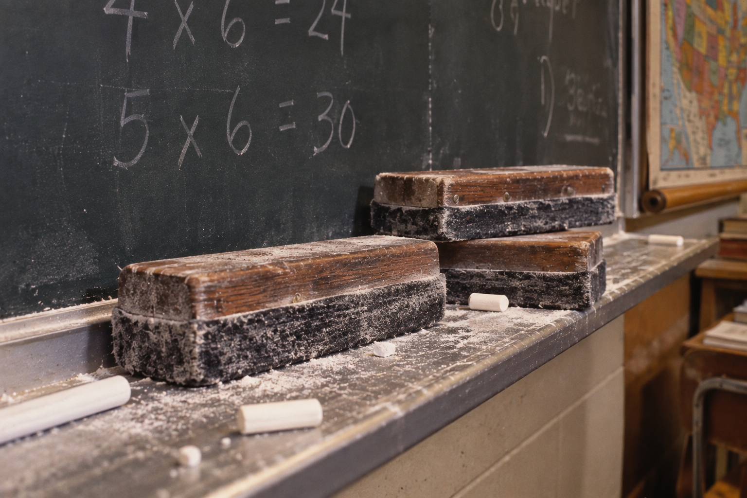 Three chalkboard erasers covered in chalk dust sit on a ledge beneath a blackboard with math equations. Pieces of chalk are scattered nearby. A classroom map is partially visible on the right.