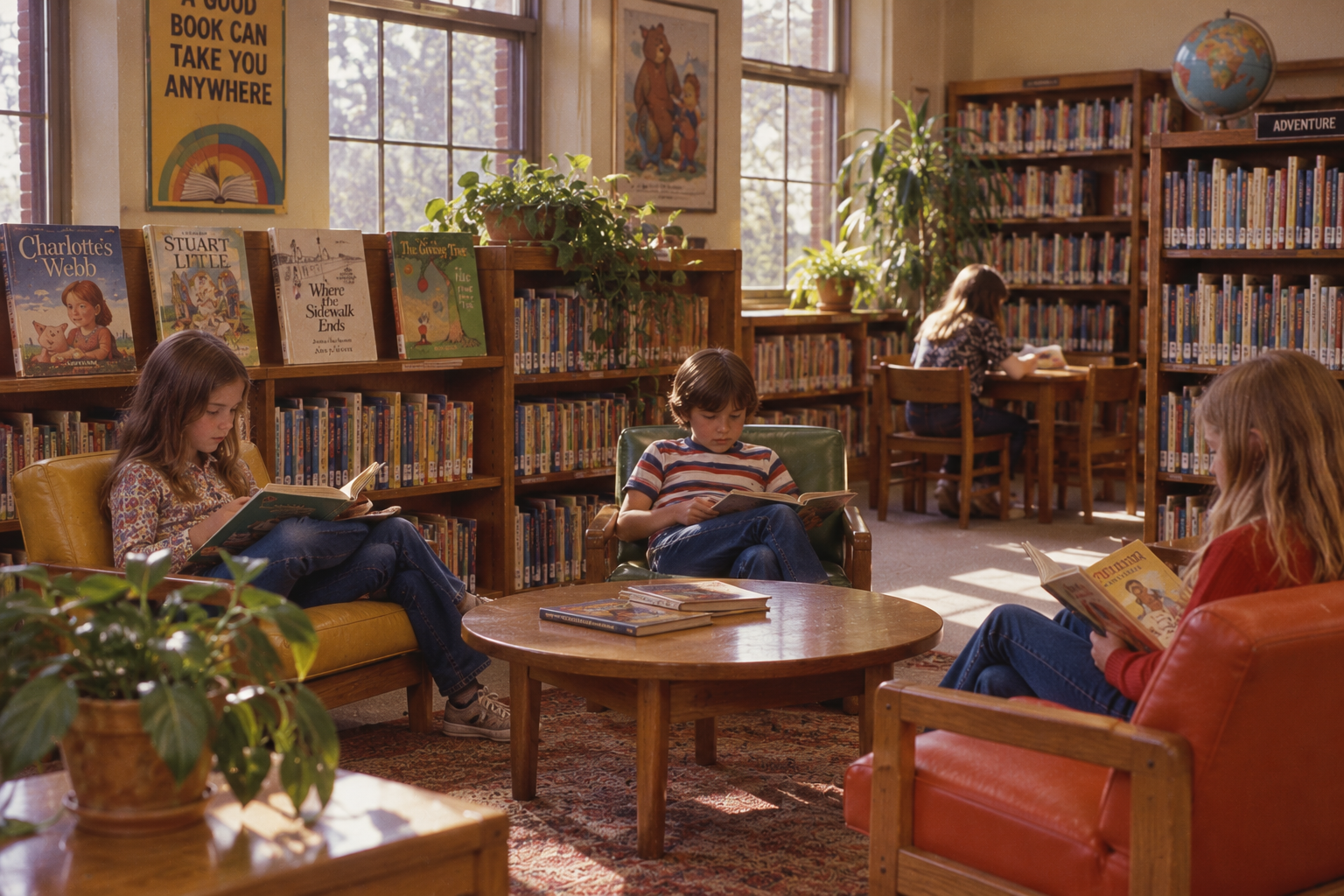 Three children sit in a library reading books in armchairs around a coffee table, with a fourth child reading at a desk in the background.