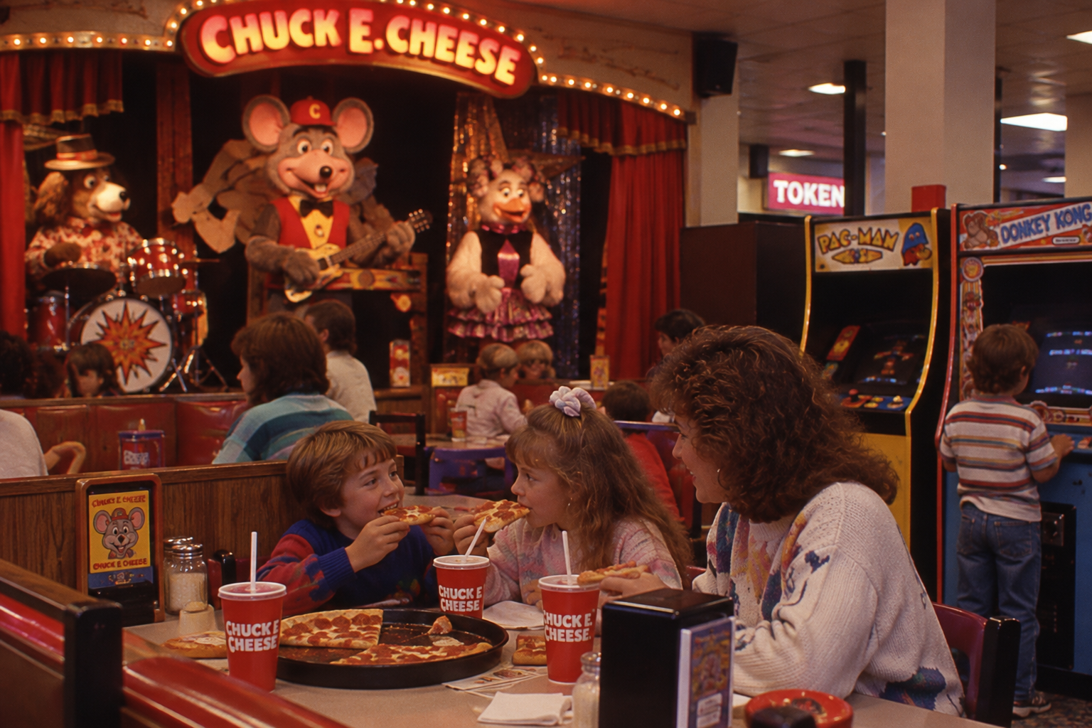 A family eats pizza in a Chuck E. Cheese restaurant, with the animatronic band performing on a stage in the background near arcade games.